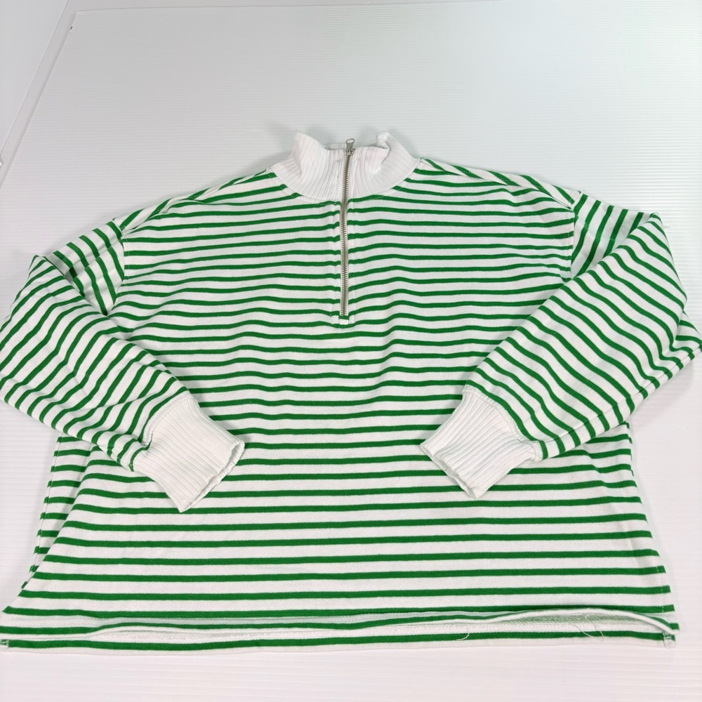 C&C California Green and White Striped Half-Zip Sweatshirt